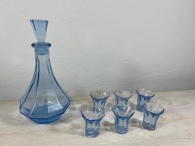 Stará raritní ART DECO KARAFA - modré sklo + 6x panák - alkohol