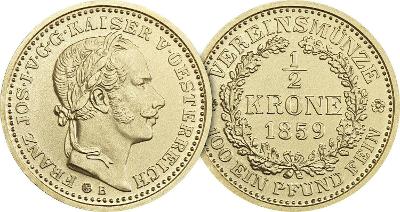 oficiálna novorazba vzácnej spolkovej 1/2 koruny 1859 B FJI