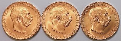 3 kusy - zlaté mince - 3x 100 Korún - 1915 BZ - FRANTIŠEK JOSEF I.