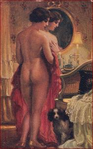 Akt (erotika) * žena, zrcadlo, pes, zvířata, sign. Mareček * M3093