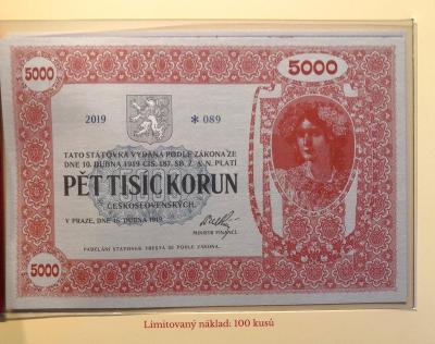 5000 korún 1919/2019, zriedkavá bankovka vydaná v limite 100 kusov, UNC !RR!