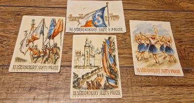 Štyri staré pohľadnice k XI. VŠESOKOLSKÉMU SLETU 1948