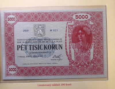 5000 korún 1919/2019, zriedkavá bankovka vydaná v limite 100 kusov, UNC !RR!