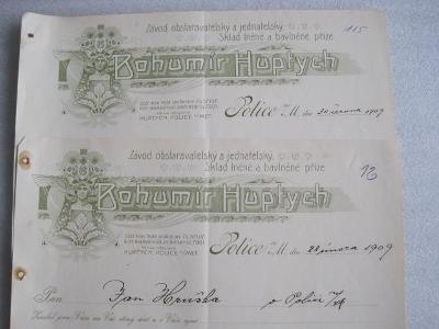 680/ 2x stará faktura-účet HUPTYCH-sklad příze-Police nad Metují 1909