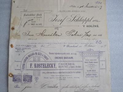 681/ 2x stará faktura-účet SCHLAPPL Kolín+F.Kostelecký Pardubice 1909