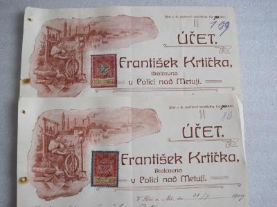 682/ 2x Stará faktura Fr.Krtička-Tkalcovna-Police nad Metují 1909!!