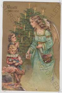 Vánoce, anděl, dítě, stromeček, kolorovaná, zlacen