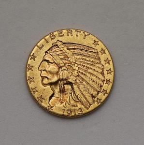 Zlatý 5 Dollar 1913 P - Indian Head - Nádherný!