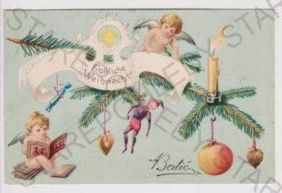Vánoce - andělé, vánoční větvička, litografie, DA