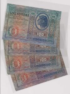 100 Kronen (Korona) 1912, bez přetisku - 4 kusy
