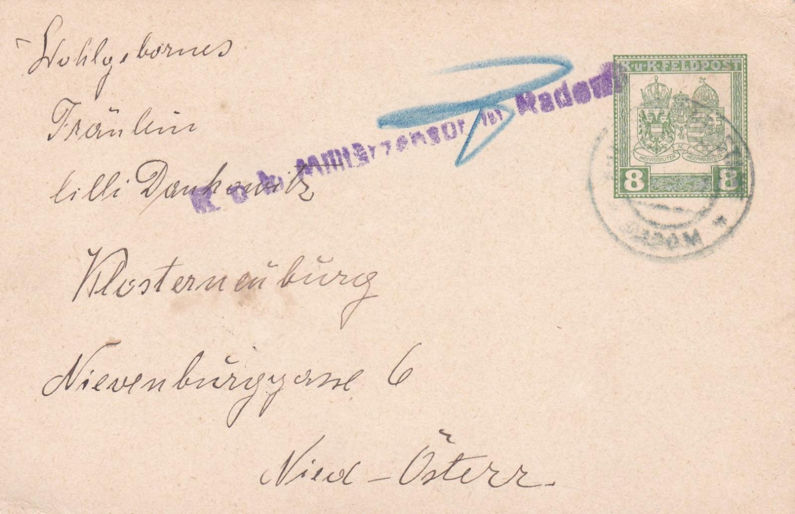 Rakúsko, poľná pošta, Poľsko, Radom 1917 - Klosterneuburg - Filatelia