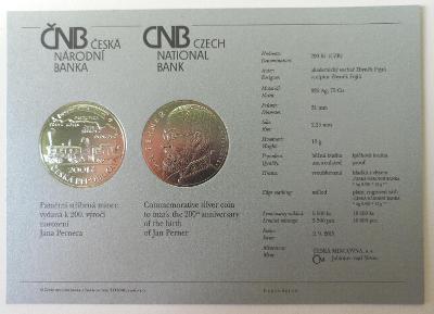 Certifikát: Pamětní mince 200kč / narození Jana Pernera
