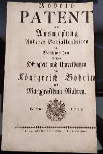 Robotní patent Karla VI vytlačené Praha 1738 Schönfeld (Veľmi vzácne )