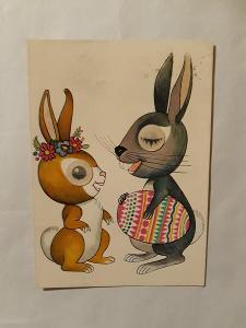 Mrkací pohlednice - Velikonoce, zajíci - E. Havlíčková 70léta