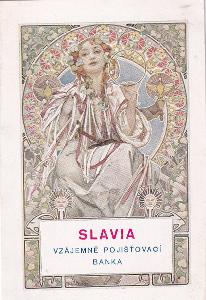 Reklamní pohlednice A. M. Mucha SLAVIA pojišťovací banka 1.pol.20.st.