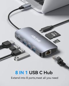 🔥8in1 USB-C Hub Multiportový adaptér, 3xUSB 3.0, SD,LAN,HDMI, 100W PD