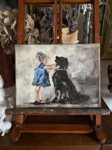 Dievčatko a pes. Obraz. Olejomaľba. Olej na platni. Originál. 18/25 cm.