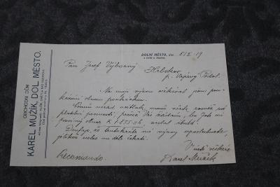 Dokument Účet - Dolní Město Světlá nad Sázavou 1919 Karel Mužík 