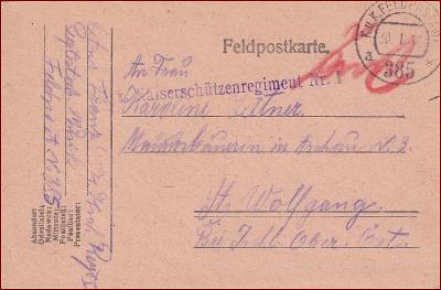 RU 1918 Feldpost nr. 385 * Feldpostkarte, pečiatka, regiment * F098