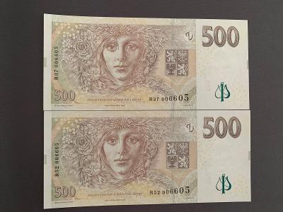 # 2x UNC bankovka  500 Kč série R # stejná čísla # nízký číslovač!! # 