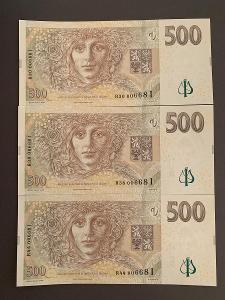 # 3x UNC bankovka  500 Kč série R # stejná čísla # nízký číslovač!! # 