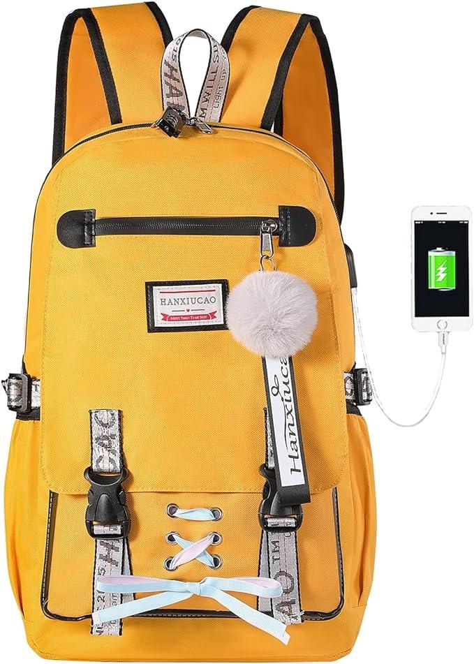 Školský dievčenský batoh žltý s USB nabíjacím portom 30 x 18 x 45 - Deti