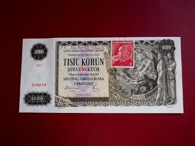 bankovka Slovenský Štát 1000 Korun 1940/45 kolek T.G.M.   Luxusní