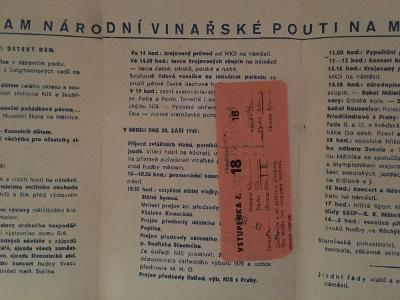 Národní vinařská pouť pozvánka Mělník 1947 + vstupenka