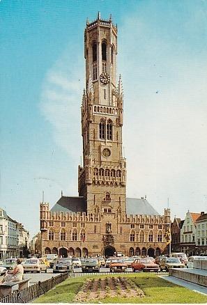 Belgie, město Bruggy, věž Belfried na náměstí, prošlá se známkou