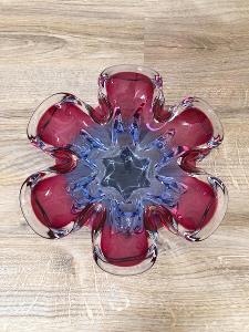 Starožitná mísa květ z hutního skla fialovo-modro-růžovo-čirá