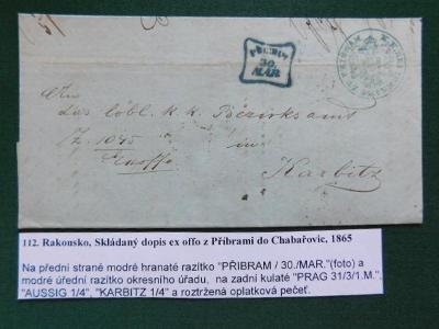 112. Rakousko, Skládaný dopis ex offo z Příbrami do Chabařovic, 1865