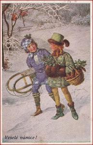Vánoce * děti, dvojice, rukávník, sáně, veverka, zimní motiv * M3293
