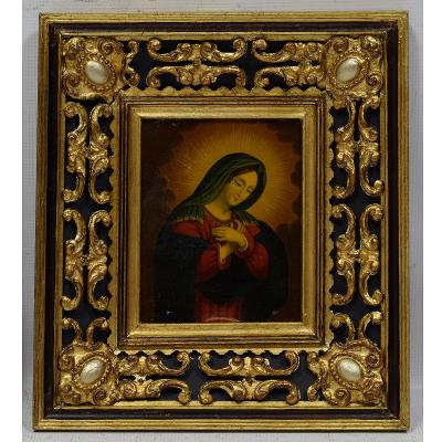 Stará olejomalba namalovaná na plechu Matka Boží 34 x 31 cm (39865)
