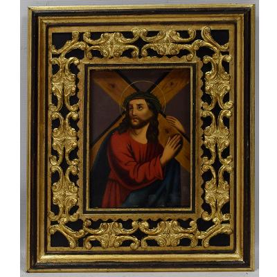 Stará olejomalba na plechu Ježíš Kristus nesoucí kříž 41x34 cm (37063)