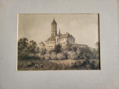 Litografie, hrad Tovacov, Haun, 19.st.