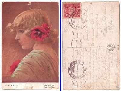 Malíř C.V. Muttich - Dívka - Mák  cca 1910 - MF - polní pošta 9.X.1917