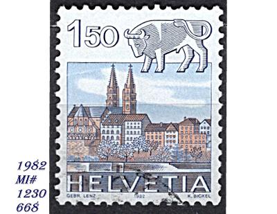 Švýcarsko 1982,   znamení býk a katedrála v Basileji