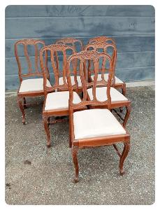 Staré dřevěné zdobené jídelní židle Biedermaier - nové čalounění  