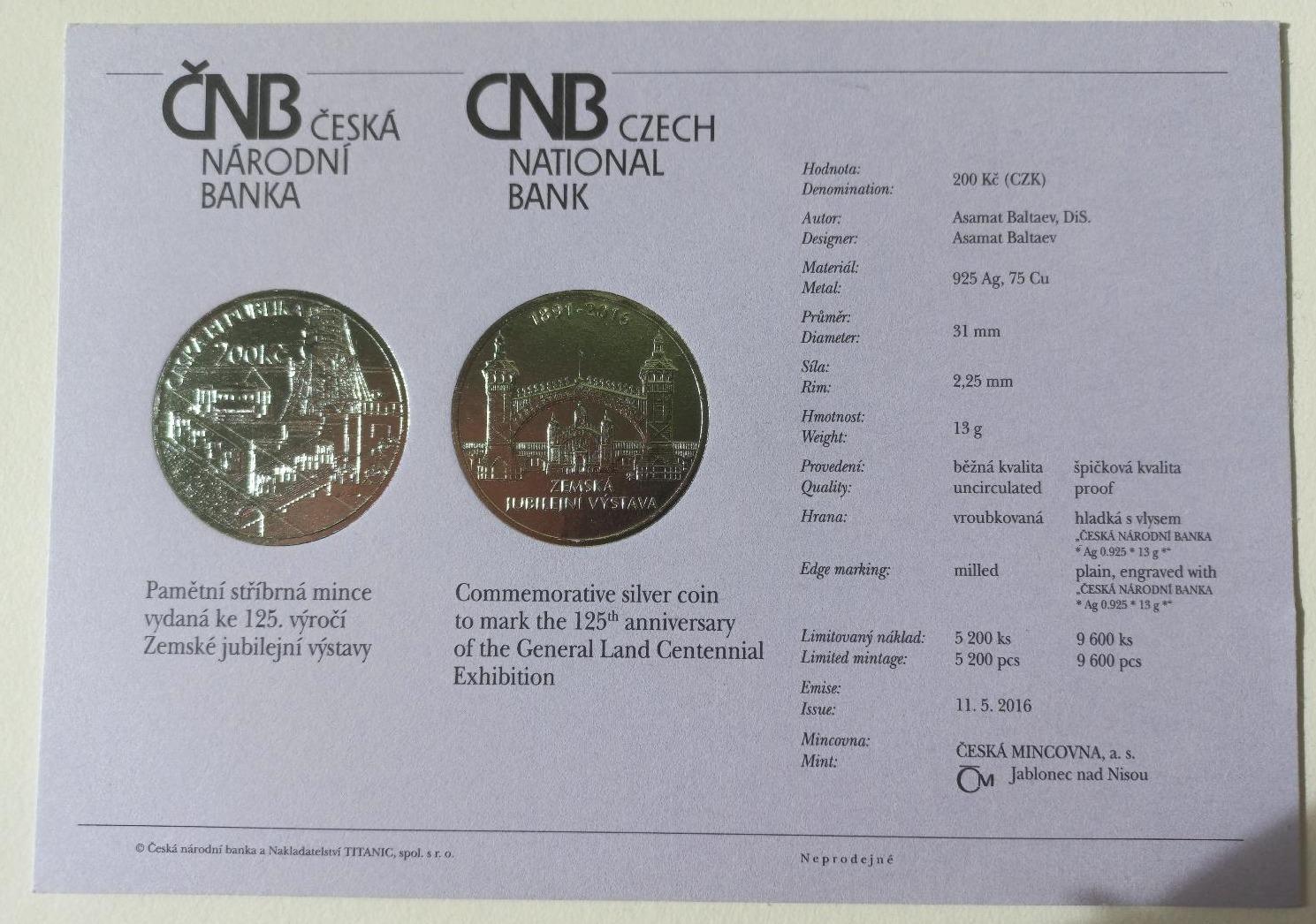 Certifikát: Pamätné mince 200kč / zemská jubilejná výstava - Zberateľstvo