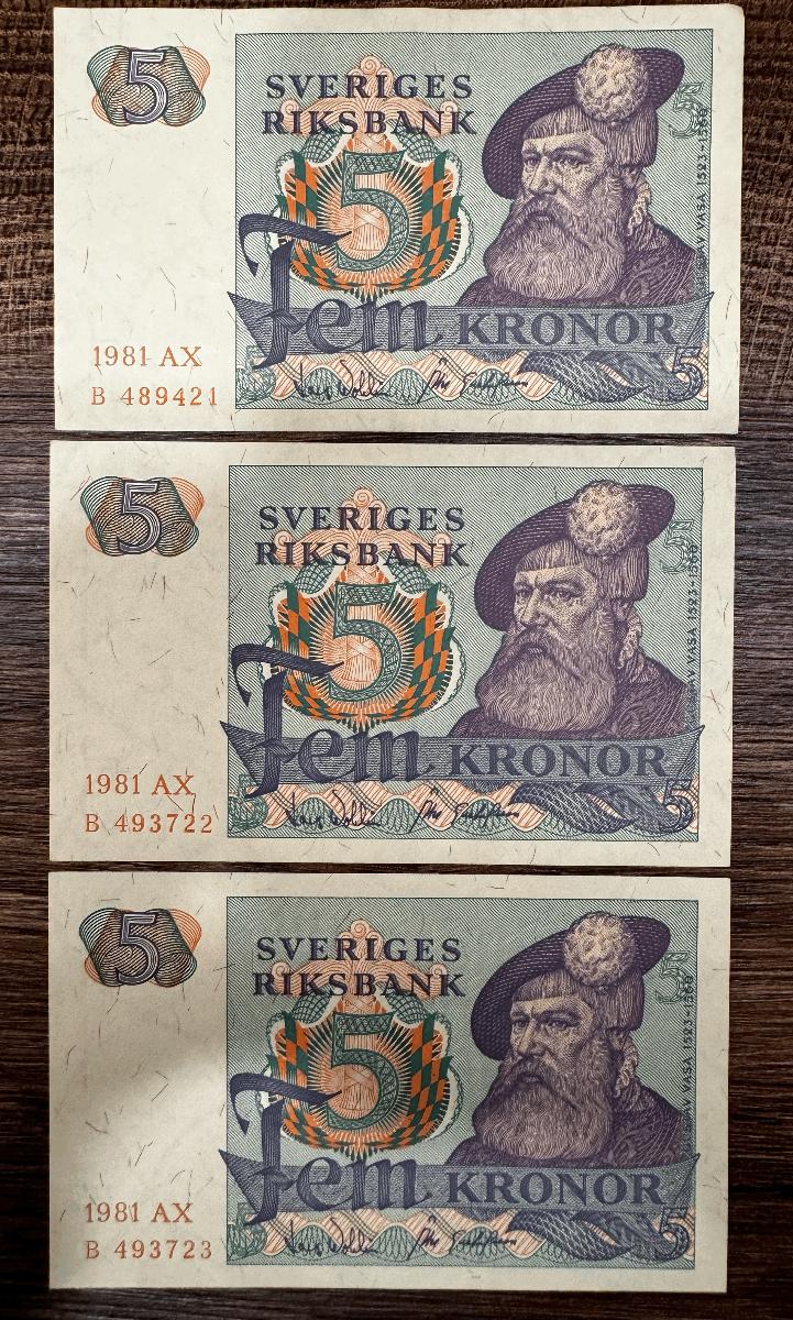 Švédsko, 3 ks - 5 Kronor 1981, aUNC - Bankovky
