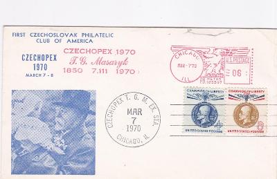 USA, bohemikum, Masaryk, výstava Chicago, frankotyp, príl. pečiatka1970