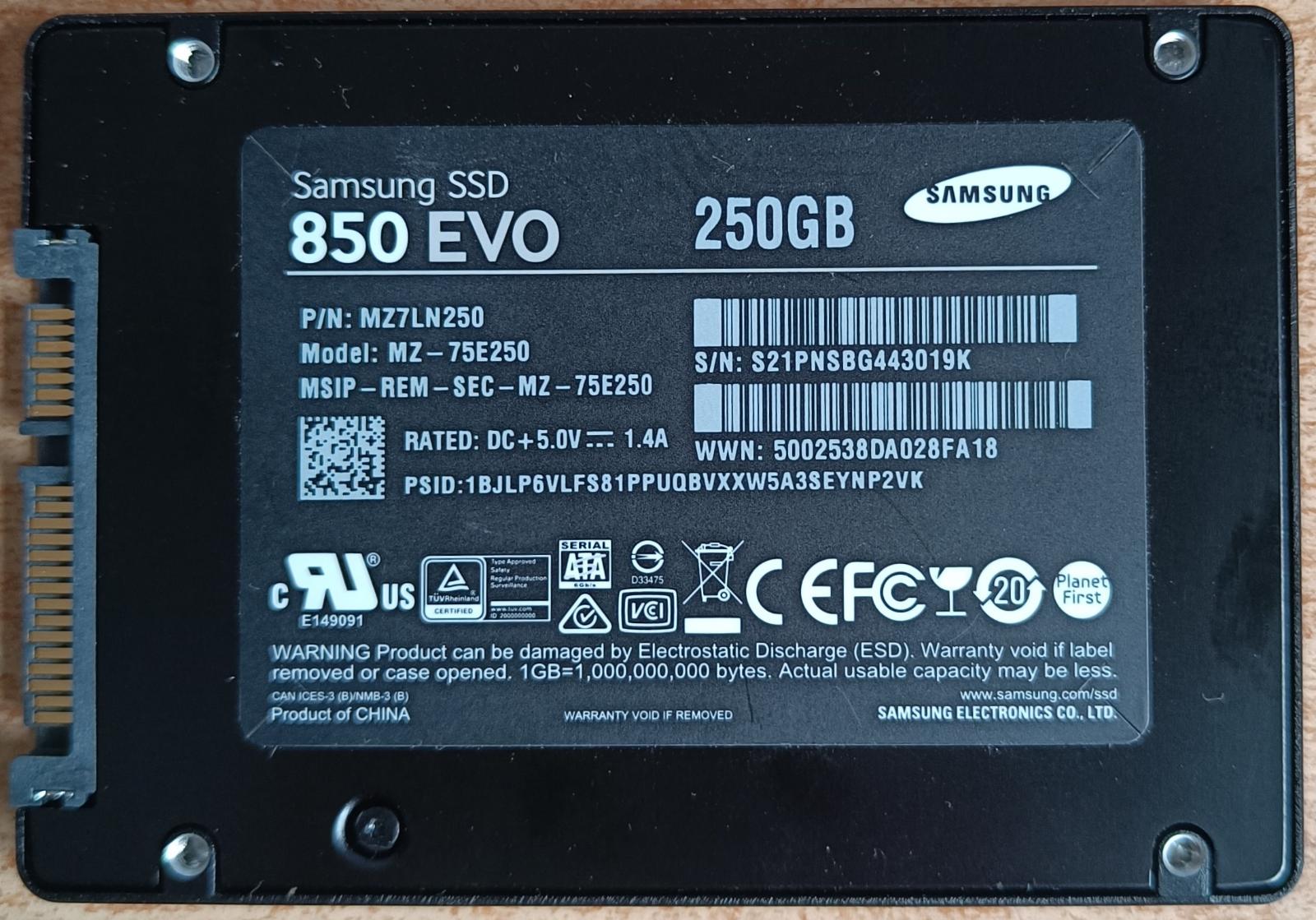 250GB SSD SAMSUNG 850 EVO, 6Gb/s, otestovaný, naformátovaný - Počítače a hry