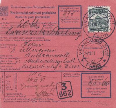Medzinárodná poukážka, Vranov n. D. 1931 (Znojmo) - Rakúsko, Viedeň.