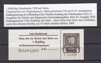 1 Schilling Oberösterreich Fiskalmarke 1926, RRR,  **