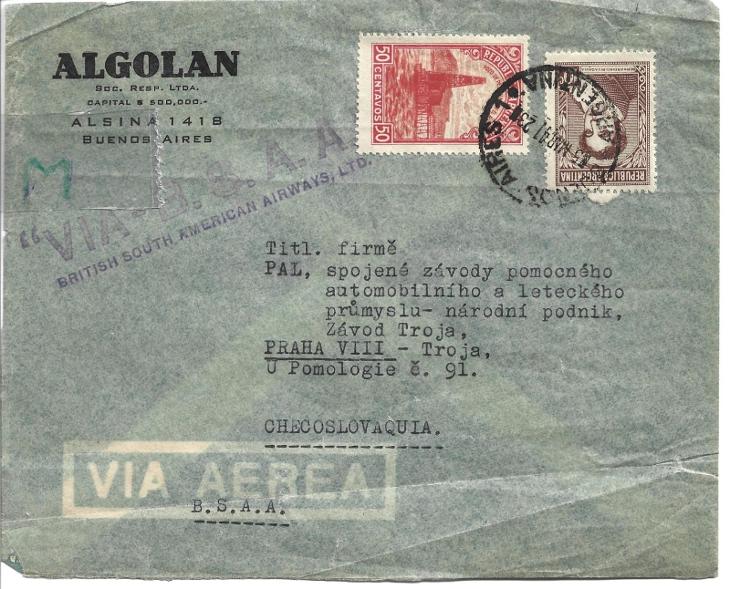 Firemná obálka, ALGOLAN, Buenos Aires, do leteckej preteky Troja, 1941 - Filatelia