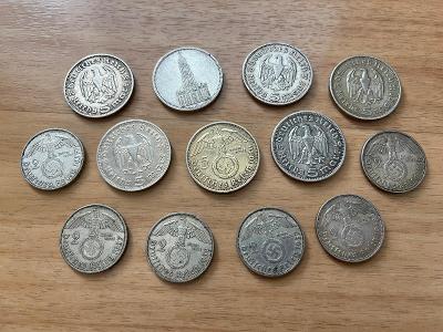 13 kusů stříbrných 2 a 5 RM, mince Třetí Říše Německo