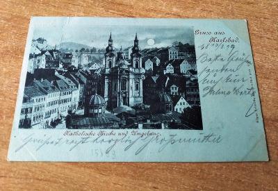 Karlovy Vary, Sudety, kostel a okolí, 1899, zálepka