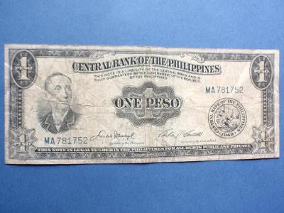 PHILIPPINES 1 PESO 1949 - BANKOVKA VELMI PODOBNÁ DOLARU               