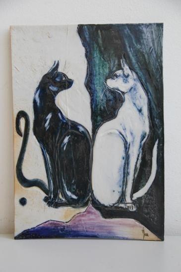 K03. nádherný obraz malba na porcelán Vlasta Komínová Květenská kočky