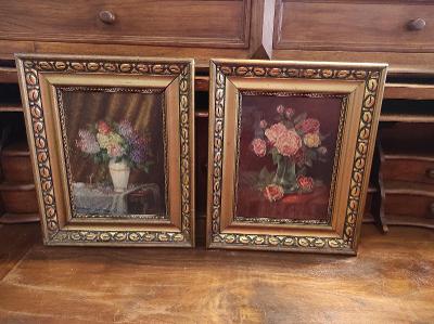 Staré krásné párové obrazy zátiší s květinou - Olej/Karton - Signované